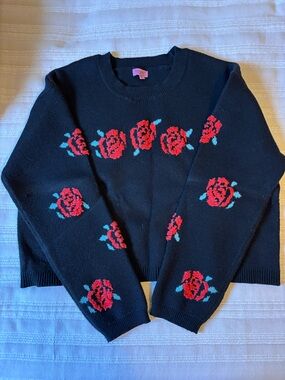 miami Black Crewneck Sweater with Red Rose Motif